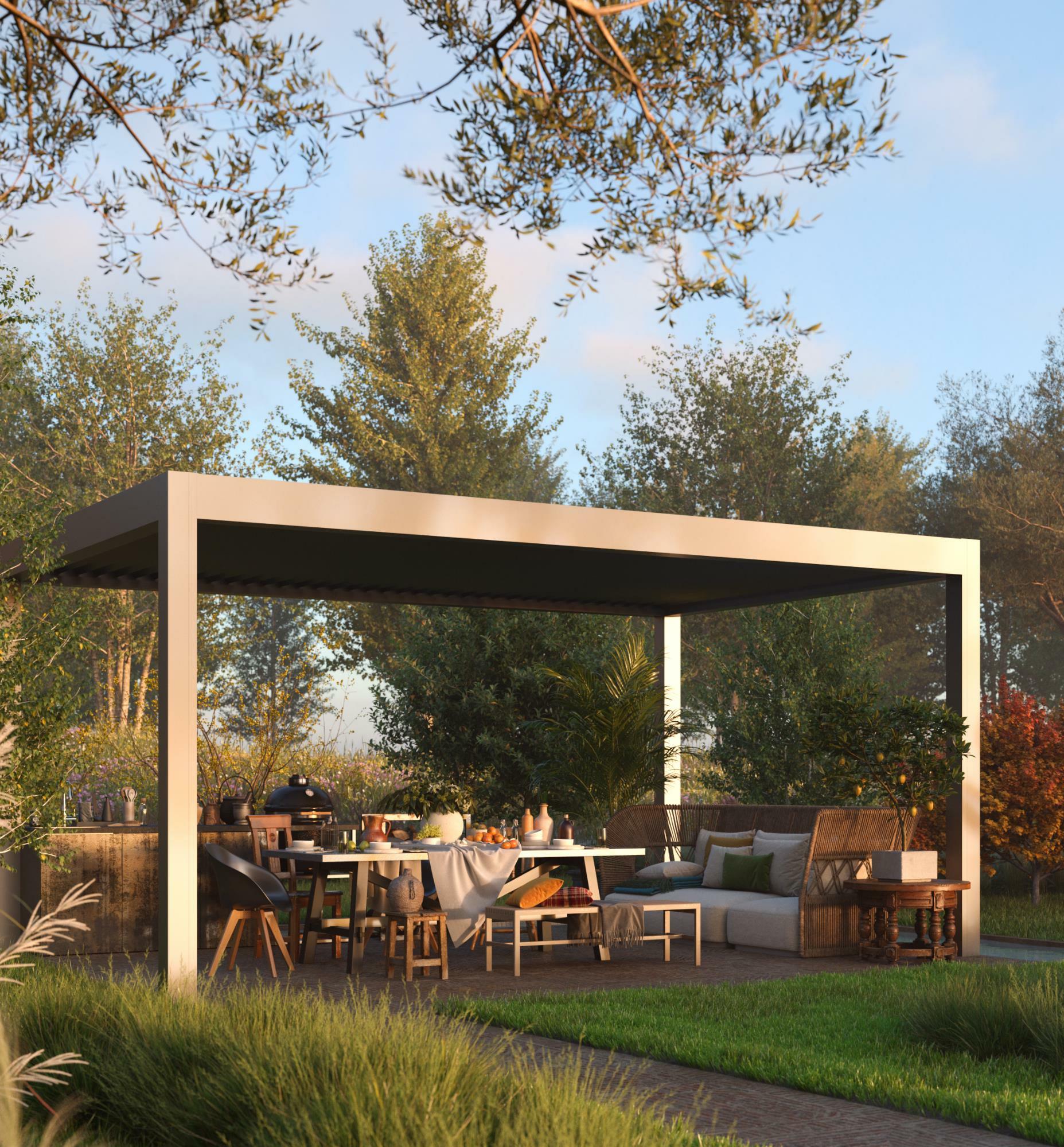Sitzgruppe, Outdoor-Küche und gedeckter Terrassentisch überdacht mit Lamellendach Divara