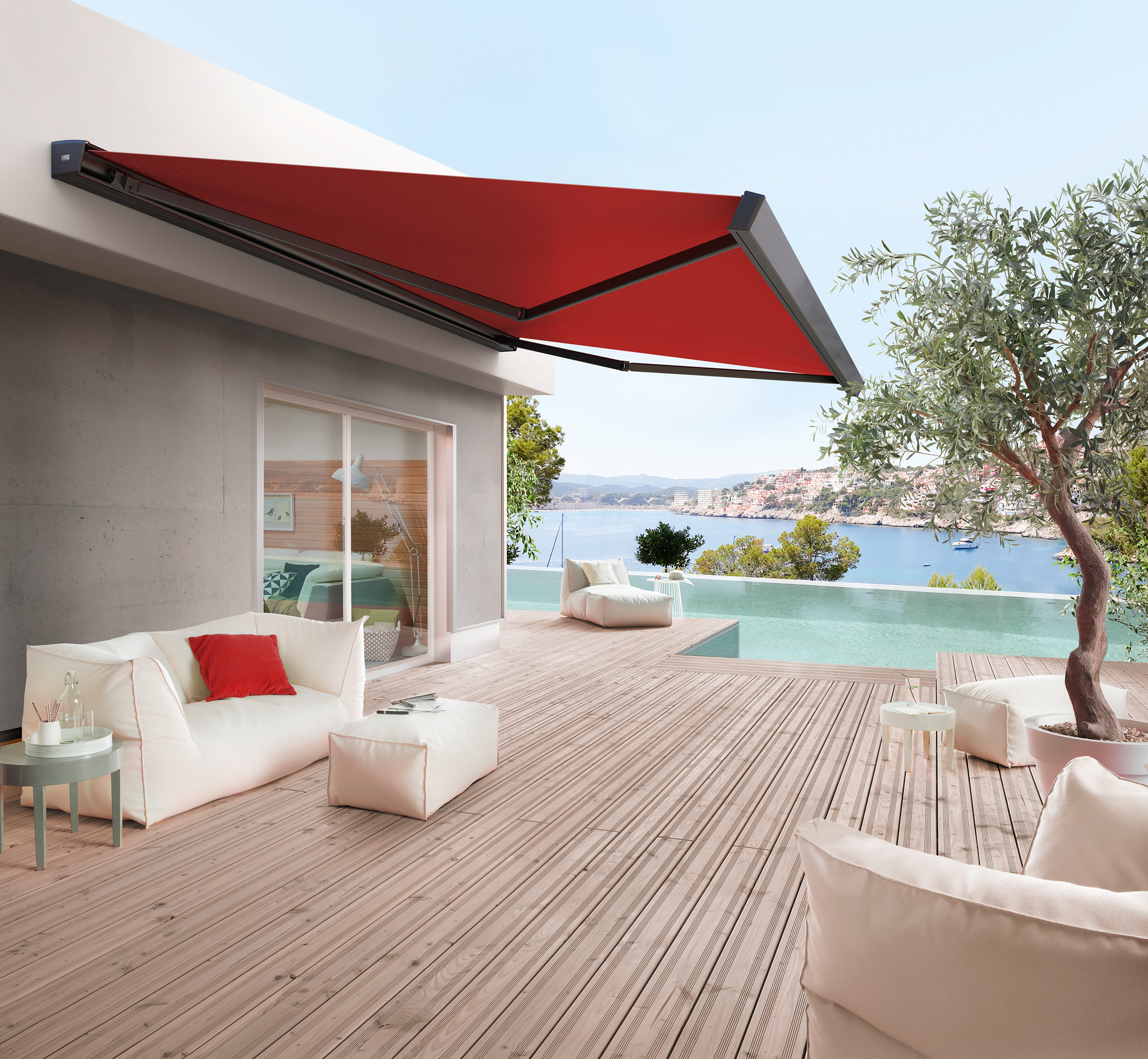 Trentino Markise rot über Terrasse ganz ausgefahren