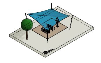 Skizze SunFurl D1 Anlage mit blauem Sonnensegel