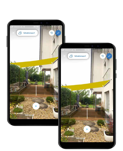 Zwei Handys versetzt nebeneinander mit dem gleichen Screenshop eines Sonnensegel aus der Sonnensegel nach Mass App