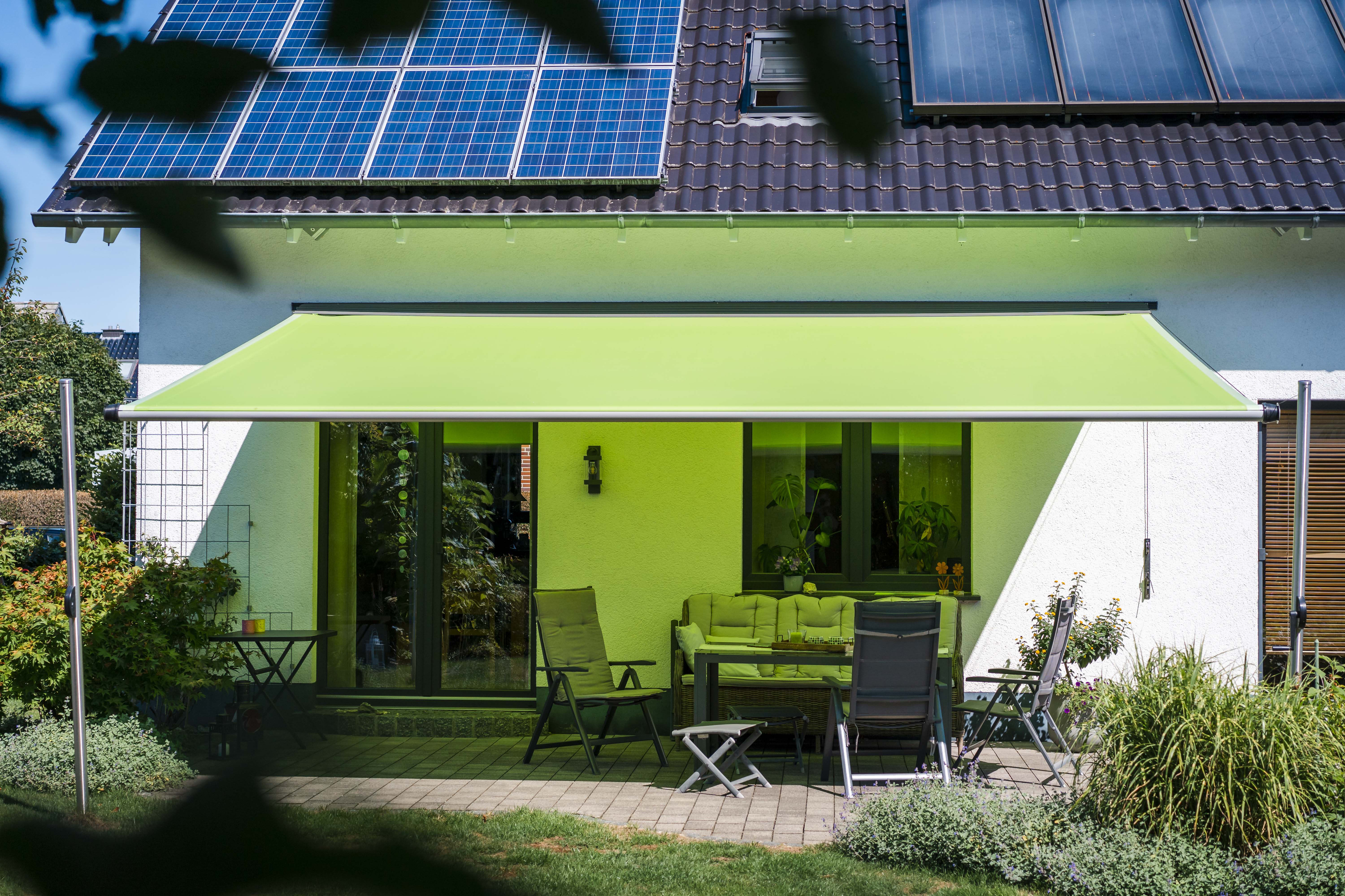 Sonnensegel-Anlage höhenverstellbar 6x4m luftdurchlässig - Komplett |  Terrasse 2 Mast/2 Wand